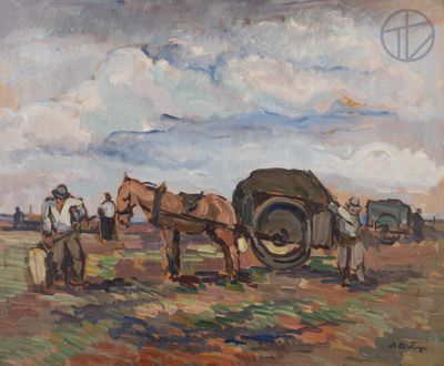 painting of a group of men with horses and a tractor in a field