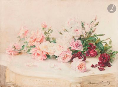 tableau représentant un bouquet de fleurs posé sur une table devant un mur