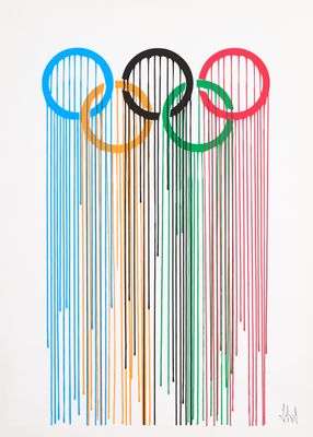 un dessin représentant un ensemble d'anneaux olympiques accrochés à un mur