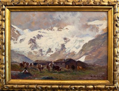 tableau représentant un paysage de montagne avec, au premier plan, du bétail en train de paître et, à l'arrière-plan, des sommets enneigés