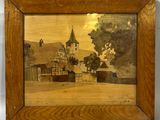 an old painting of a village with a church in the background