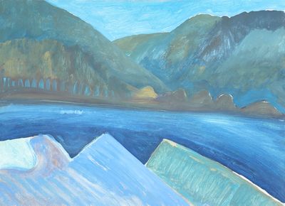 une peinture représentant une scène de montagne avec un lac au premier plan