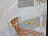 a painting of a woman sitting in a bathtub with a glass of wine