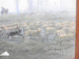 a painting of a herd of sheep being herded by a man