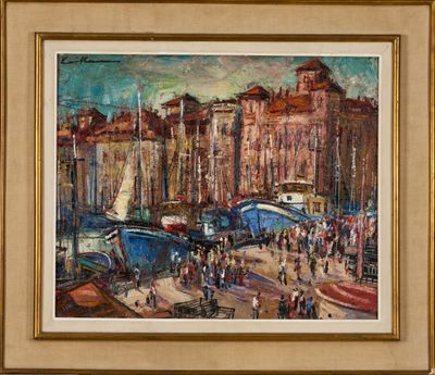 une peinture à l'huile représentant une scène de port avec des bateaux et des personnages