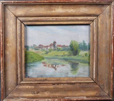 une peinture à l'huile représentant un paysage avec une rivière et une église au loin