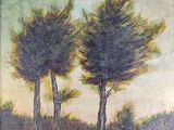 an oil painting of three trees on a dirt road in a field