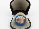 a picture of a blue and white broochle in a case