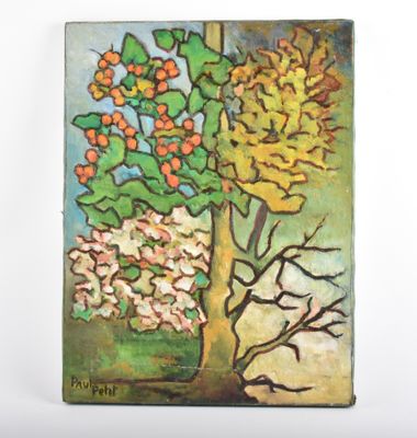 peinture représentant un tableau d'un arbre avec des oranges et des feuilles vertes