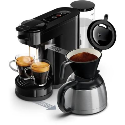 an image of a coffee maker with two cups of coffee in front of it
