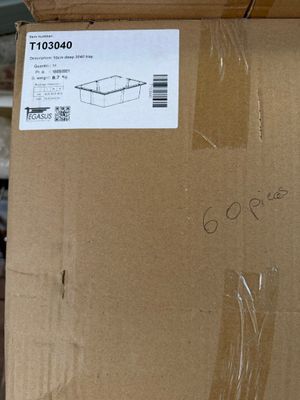 a cardboard box with a label on it sitting on a shelf
