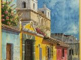 une image représentant une peinture d'une rue avec une église en arrière-plan