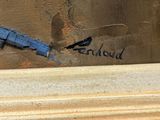 a picture of a painting of a bird on a ledge