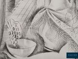 pencil drawing of a bowl of cereal and a bag of cereal sitting on a table