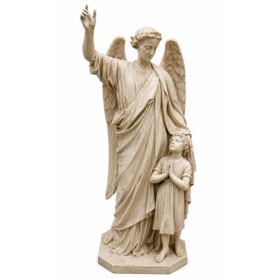 statue of an angel holding a child on a white background