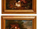 deux tableaux représentant des oiseaux dans un paysage, avec un oiseau au sol et un oiseau au sol