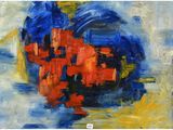 une peinture abstraite représentant des fleurs rouges sur un fond bleu et jaune