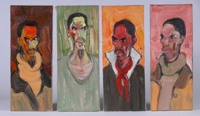 trois tableaux représentant des hommes aux visages de différentes couleurs sur un fond blanc