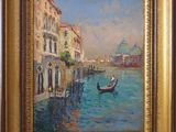 une peinture à l'huile représentant une gondole sur un canal, avec des bâtiments en arrière-plan