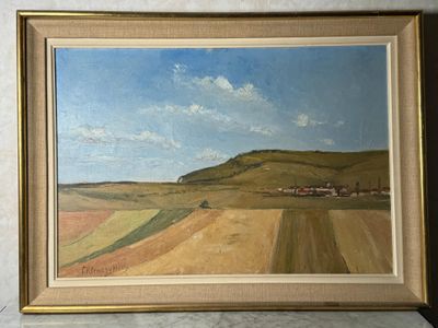 une photo d'un tableau représentant une ferme à la campagne