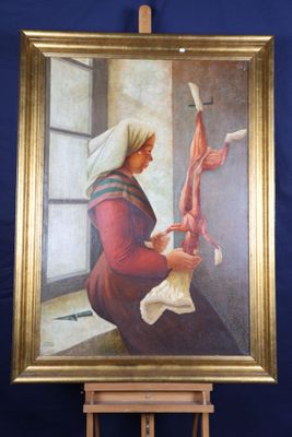tableau représentant une femme tenant un morceau de viande devant une fenêtre