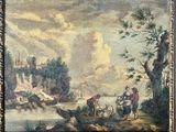 painting of a river scene with figures in a boat and a castle in the background
