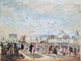 une vieille peinture représentant une foule de personnes rassemblées autour d'un bâtiment