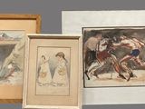 three framed pictures of a couple of men wrestling in a wrestling ring