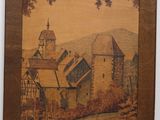 an image of a painting of a village with a clock tower in the background