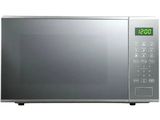 a silver microwave with a digital clock on the front
