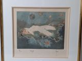 painting of a woman laying on a cloud with flowers in the background