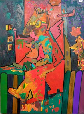 painting of a man sitting on a chair in front of a painting of a cat