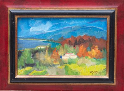 an oil painting of a landscape with mountains and a lake in the distance