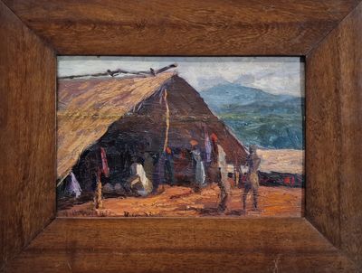 une peinture à l'huile représentant un groupe de personnes devant une hutte