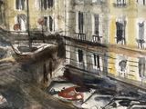 a painting of a street scene with buildings and a horse