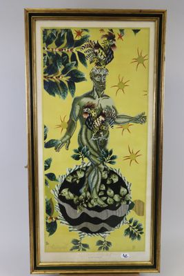 un tableau représentant une femme en robe verte tenant une fleur
