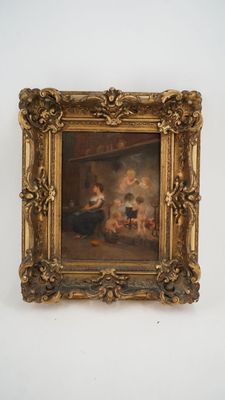 an old painting of a woman and child in a room