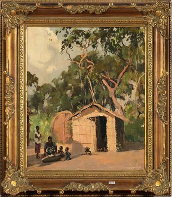 Huile sur toile "Scène de village au Congo". Signée en bas à…