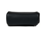 a black leather roll case for a camera on a white background