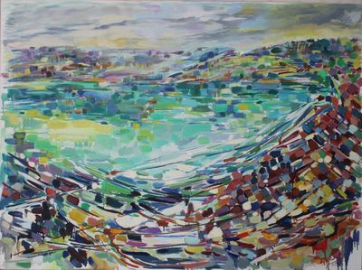 peinture abstraite représentant un paysage avec une rivière et des montagnes en arrière-plan