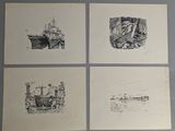 four drawings of a boat, a boat, and a boat on a table