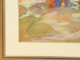 a painting of a man and a woman with surfboards