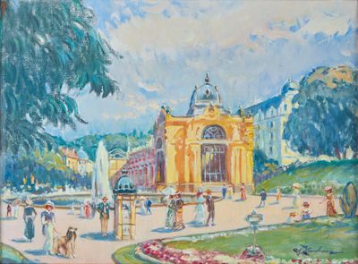 tableau représentant un tableau d'un bâtiment avec une fontaine au centre