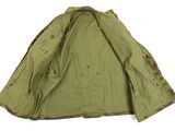 the jacket is green and has brown trims on it