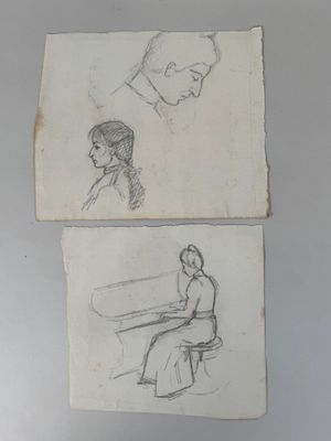 two drawings of a woman sitting at a piano and a man sitting at a piano