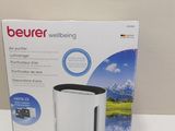 the box of a white air purifier sitting on top of a white counter