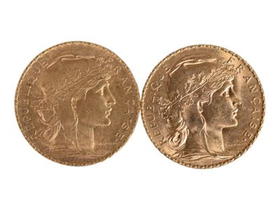 Deux pièces de vingt francs or au coq, 1910. Usures. - Photo 1