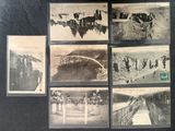 several old black and white photographs of people standing on a bridge