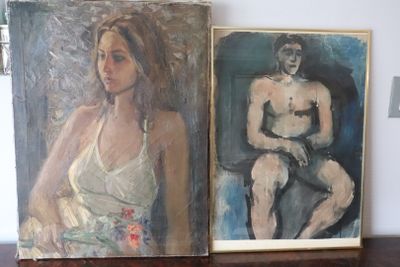 painting of a woman in a white dress next to a painting of a man in a white dress