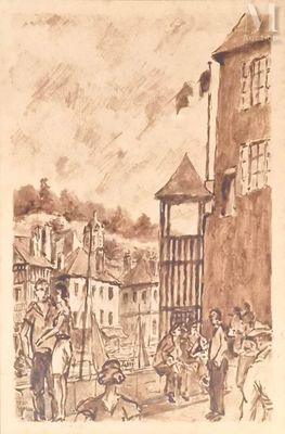 dessin d'un groupe de personnes devant un bâtiment